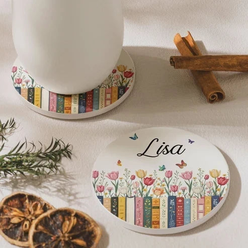 Personalized Round Ceramic Coaster with Butterflies for Book Lovers