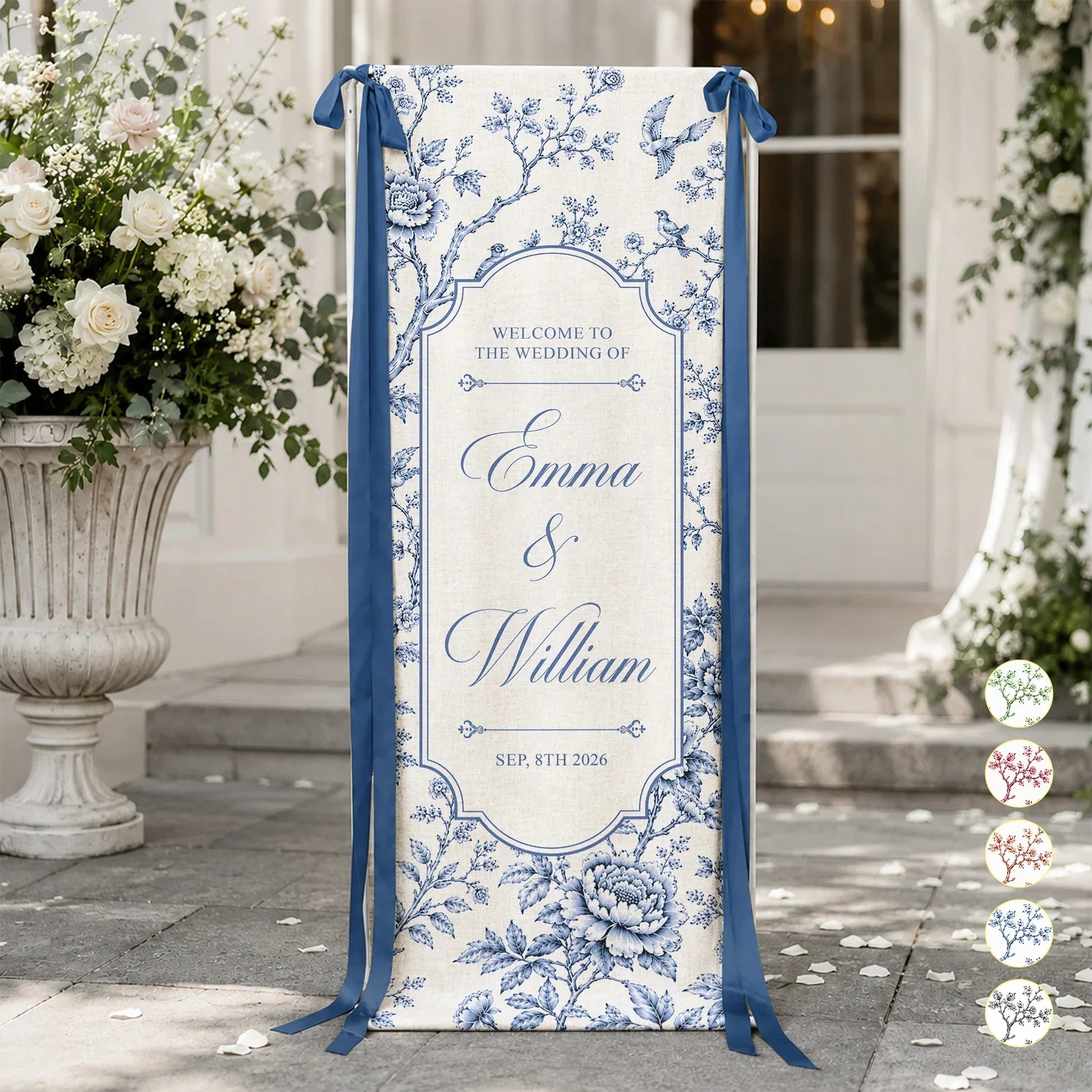 Personalized Wedding Welcome Banner Custom Name Blue Floral Birds Gift for Couples