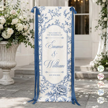 Load image into Gallery viewer, Personalized Wedding Welcome Banner Custom Name Blue Floral Birds Gift for Couples

