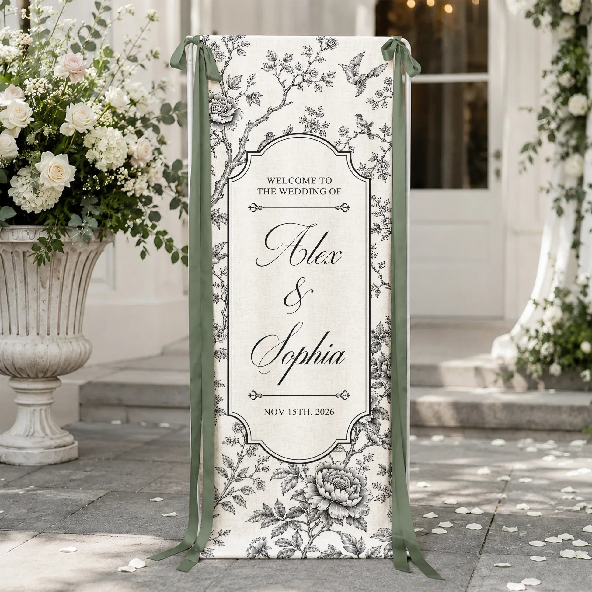 Personalized Wedding Welcome Banner Custom Name Blue Floral Birds Gift for Couples