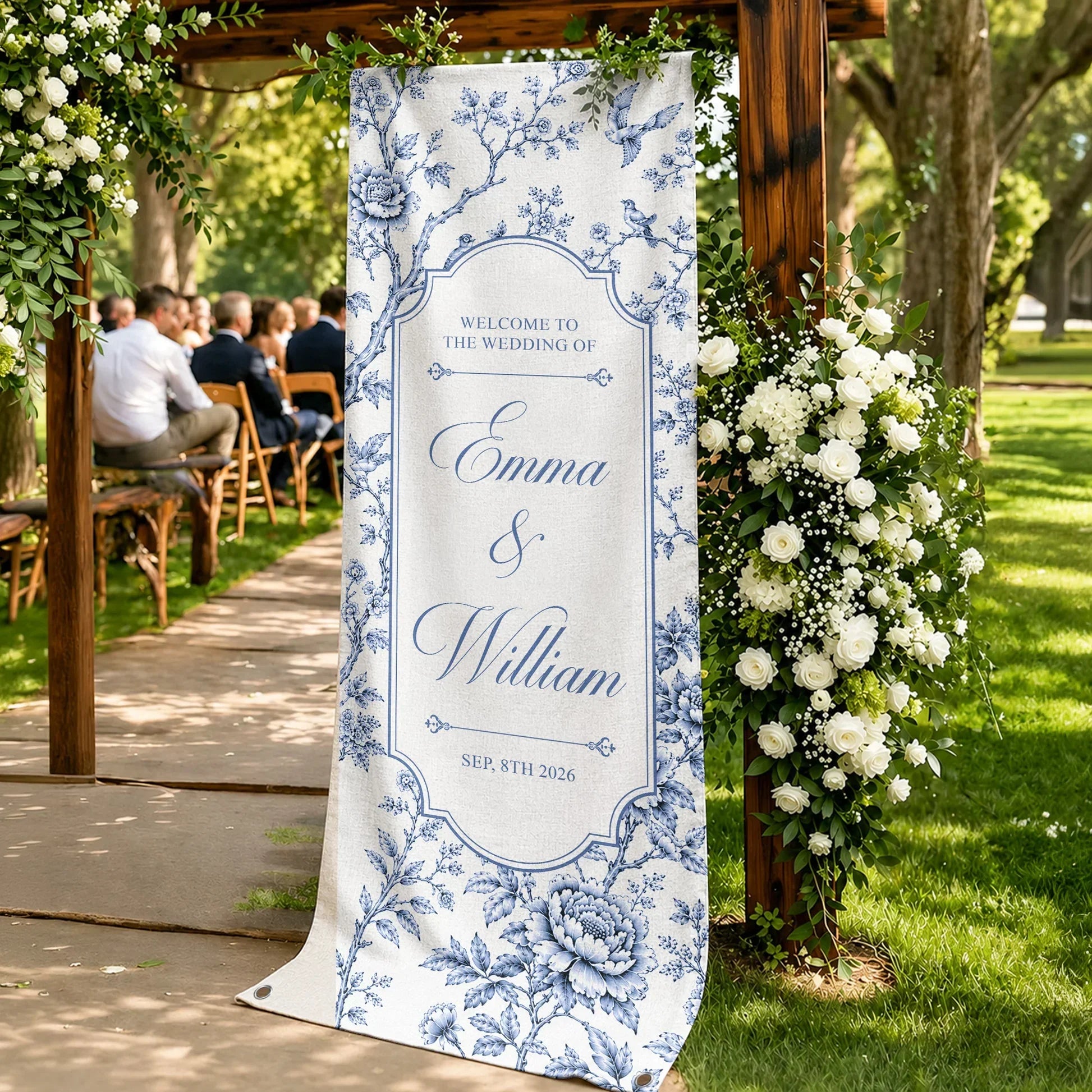 Personalized Wedding Welcome Banner Custom Name Blue Floral Birds Gift for Couples