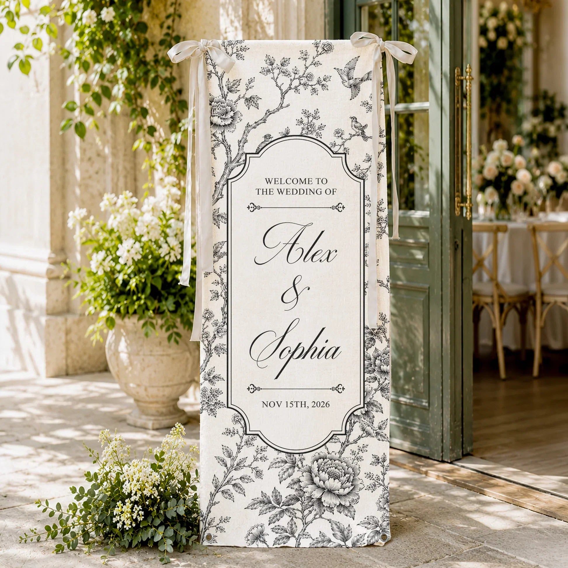 Personalized Wedding Welcome Banner Custom Name Blue Floral Birds Gift for Couples