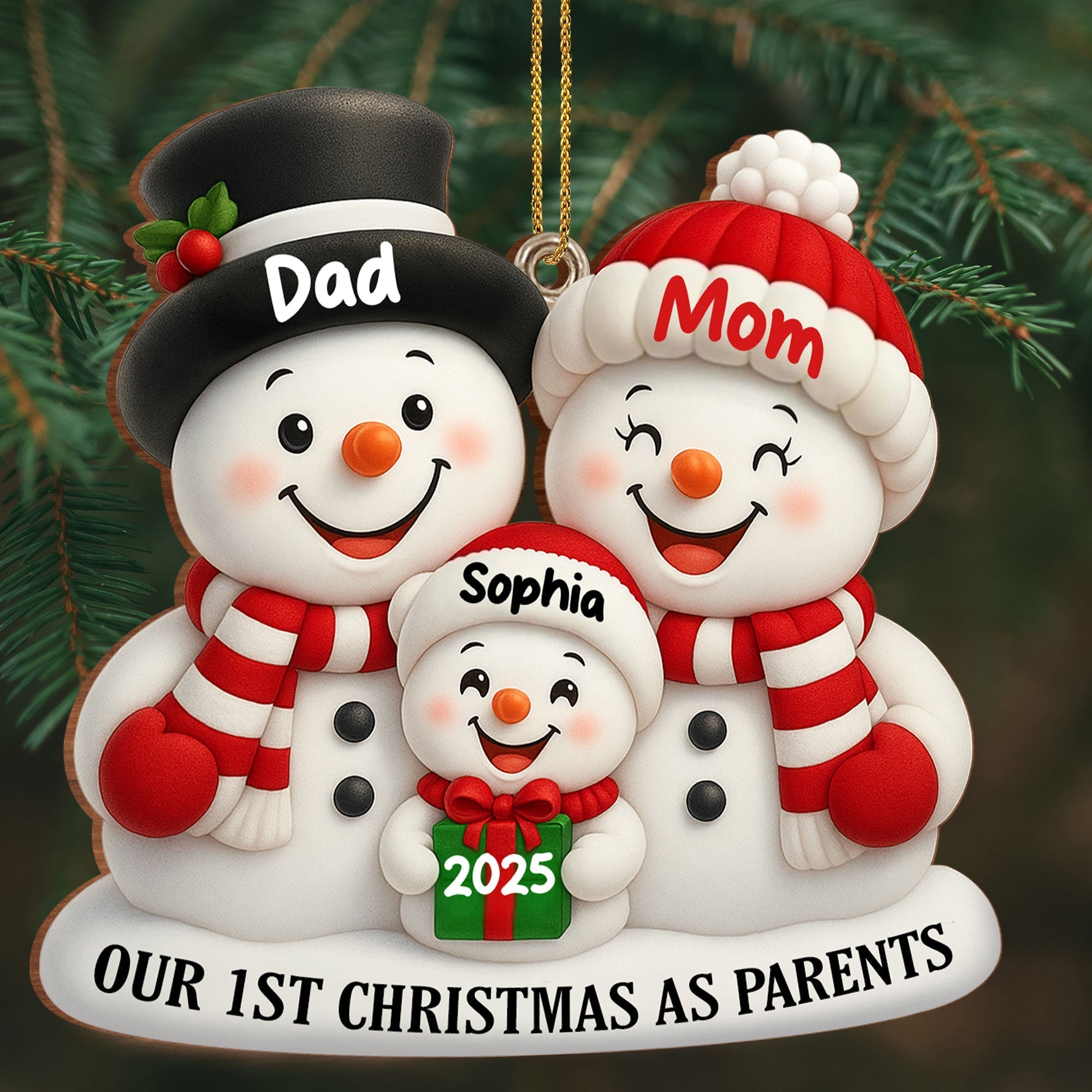 Personalized Wooden Christmas Ornament for New Parents Red Snowman Gift