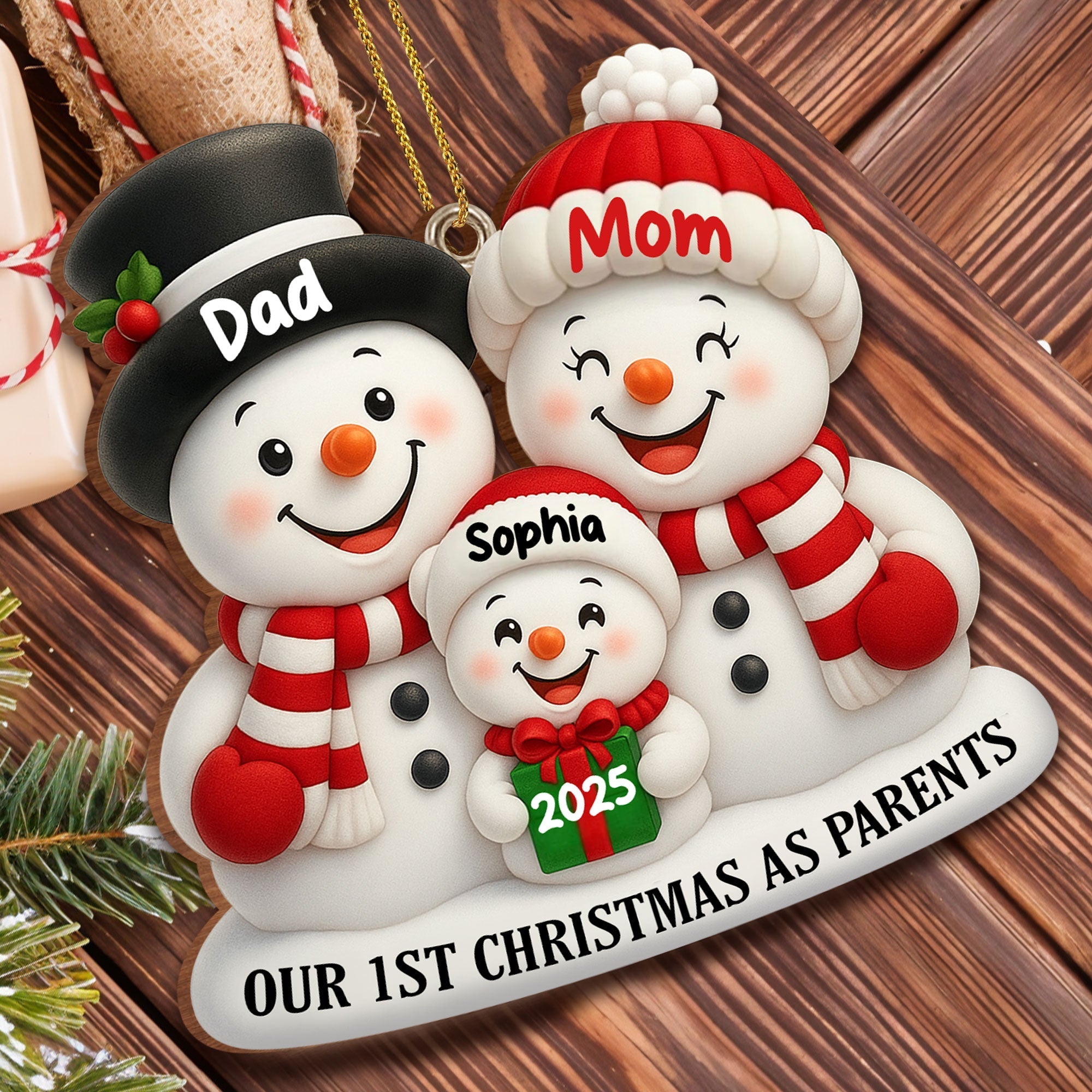 Personalized Wooden Christmas Ornament for New Parents Red Snowman Gift