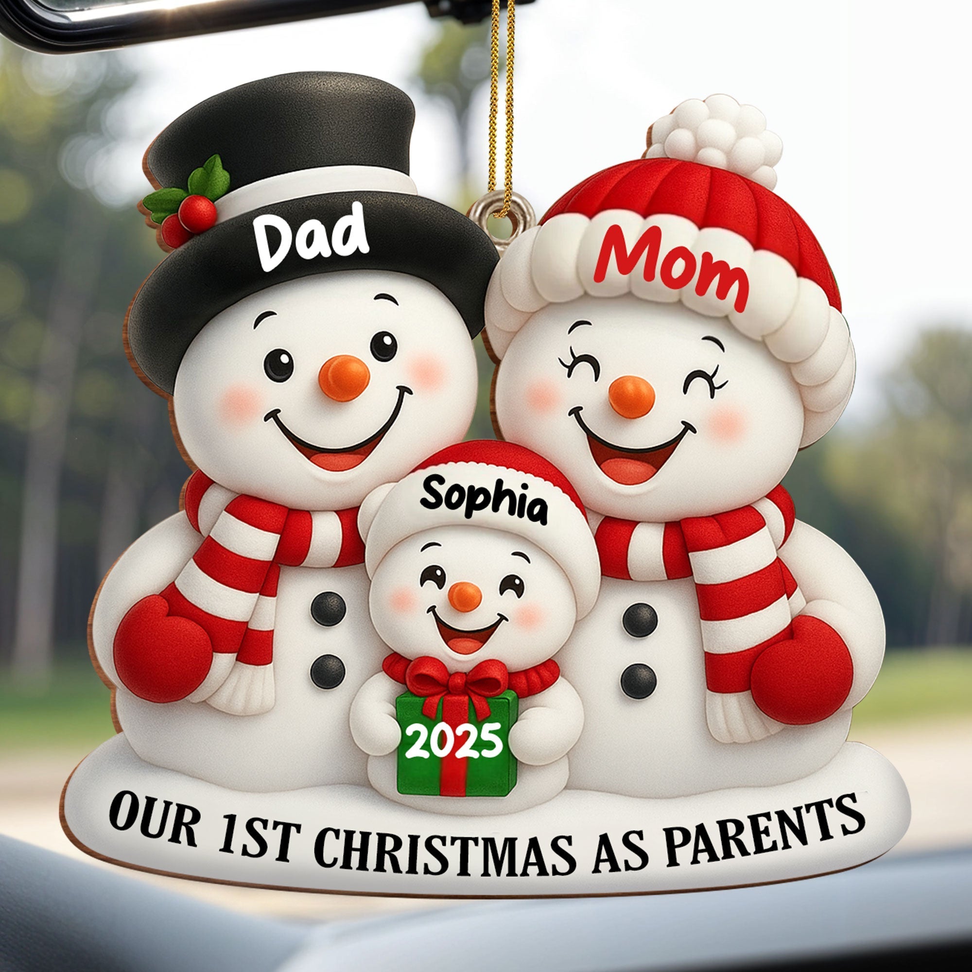 Personalized Wooden Christmas Ornament for New Parents Red Snowman Gift