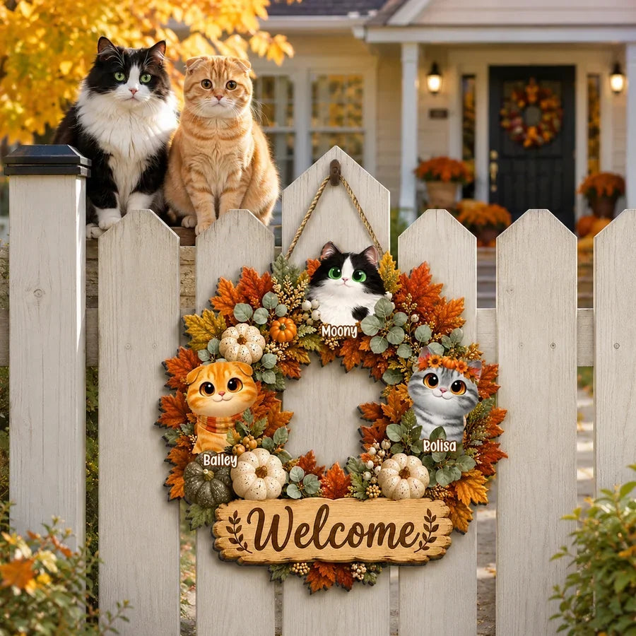 Personalized Wooden Welcome Sign with Cats for Pet Owners