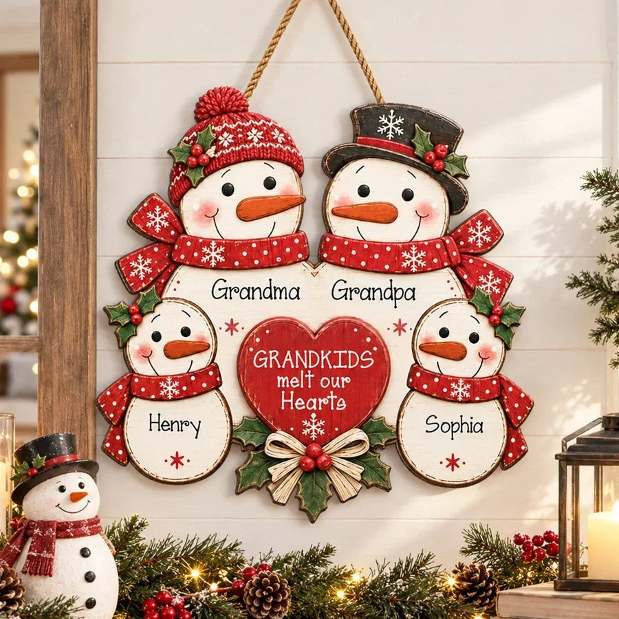 Personalized Christmas Wooden Sign for Grandma & Grandpa Snowman Family Decor