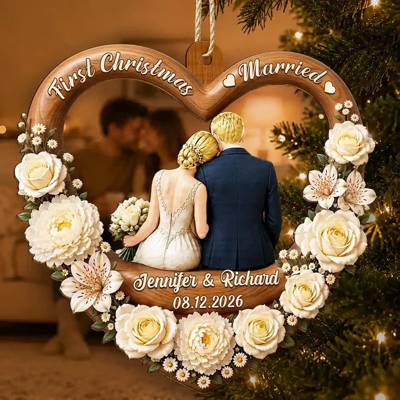 Personalized First Christmas Married Wooden Ornament Newlywed Gift