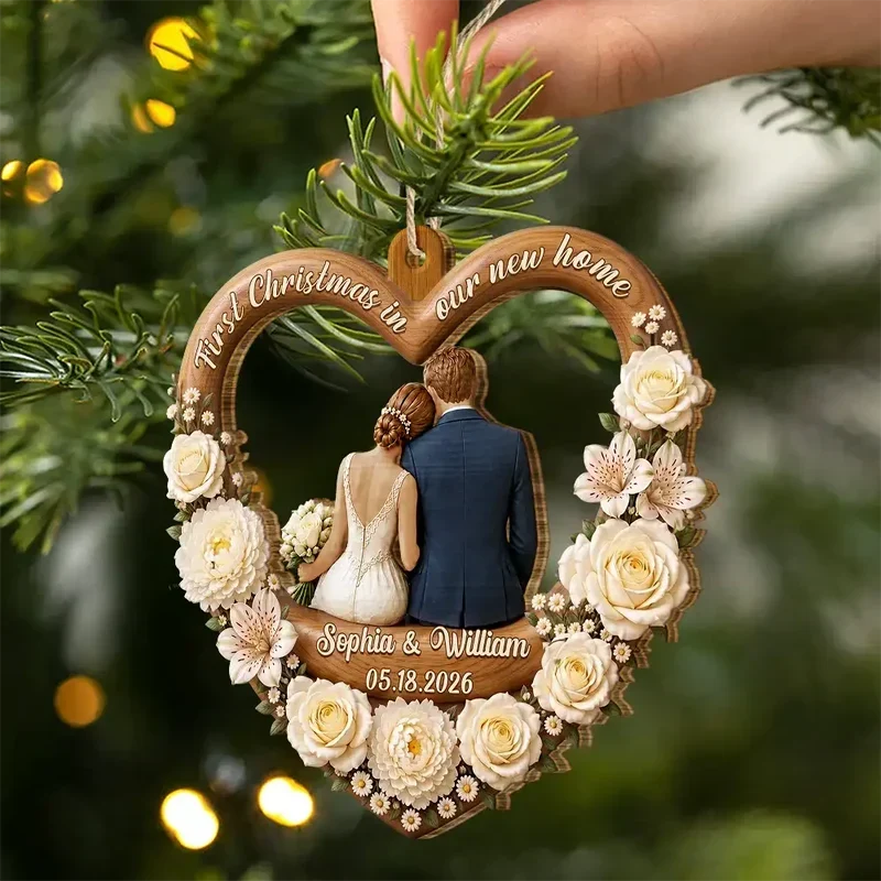 Personalized First Christmas Married Wooden Ornament Newlywed Gift