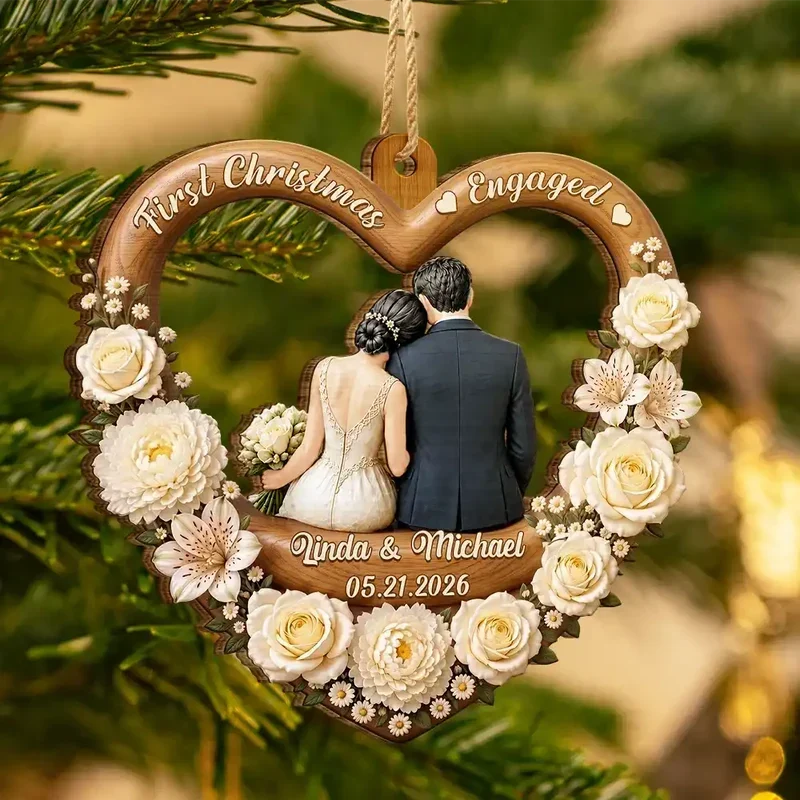 Personalized First Christmas Married Wooden Ornament Newlywed Gift