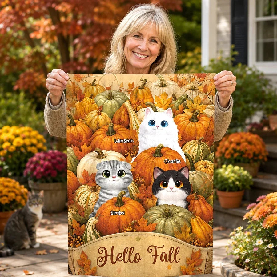 Personalized Fall Garden Flag with Cats in Pumpkin Patch Gift for Cat Lovers