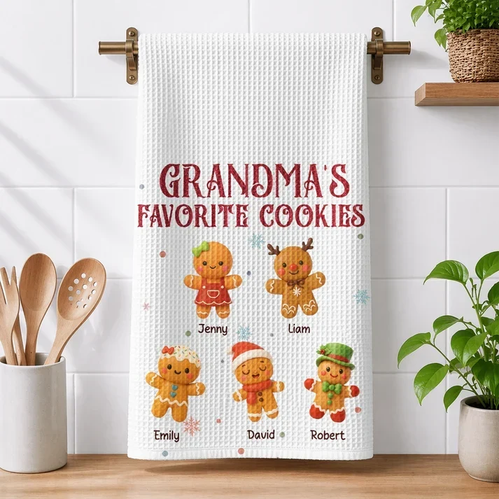 Personalized Kitchen Towel Gift for Grandma Gingerbread Scene