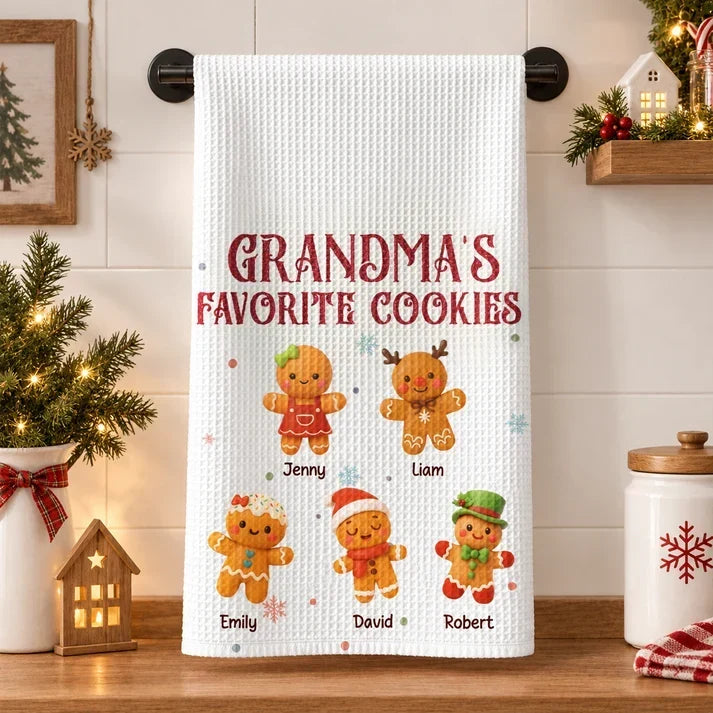 Personalized Kitchen Towel Gift for Grandma Gingerbread Scene