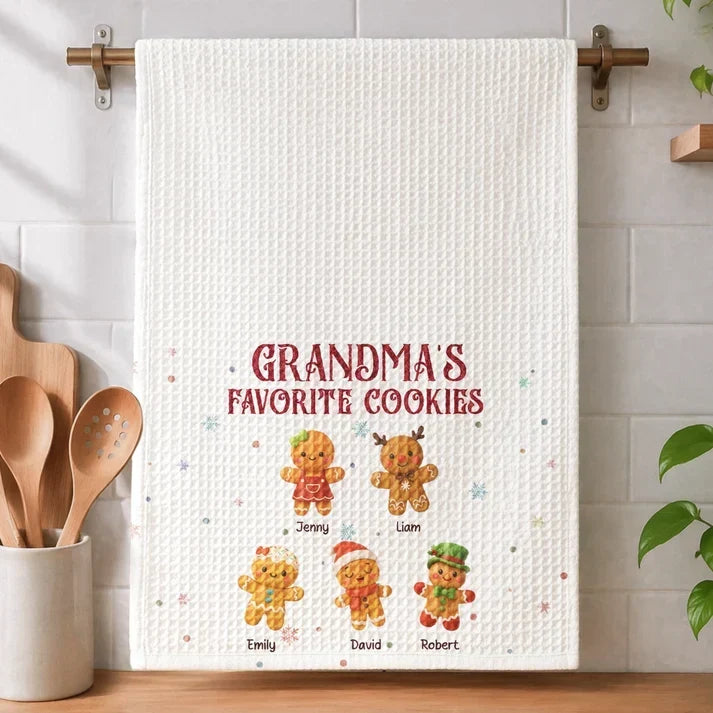 Personalized Kitchen Towel Gift for Grandma Gingerbread Scene