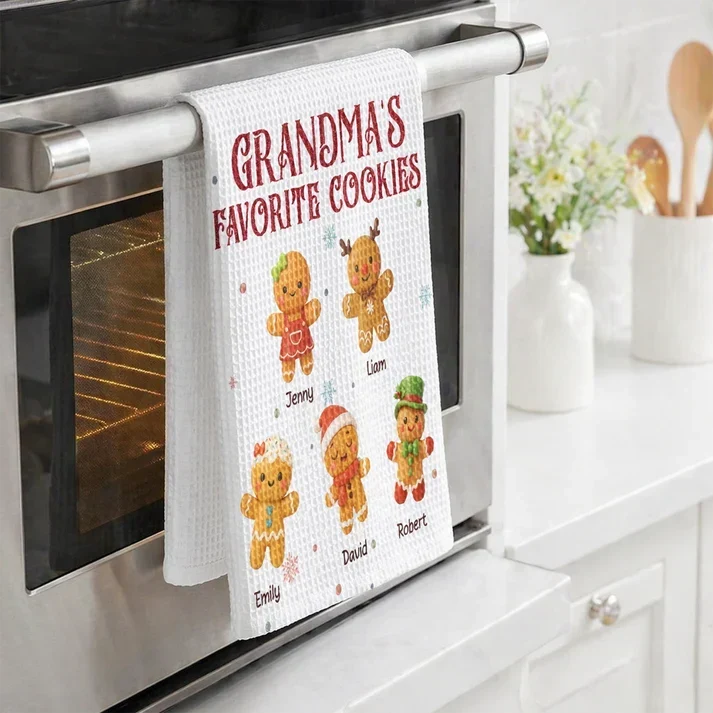 Personalized Kitchen Towel Gift for Grandma Gingerbread Scene