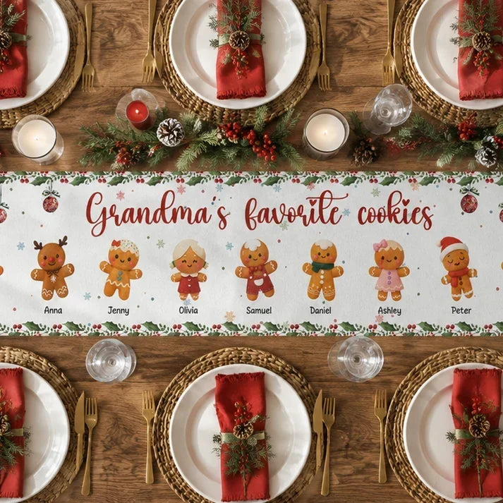 Personalized Gingerbread Family Table Runner Christmas Gift for Grandma