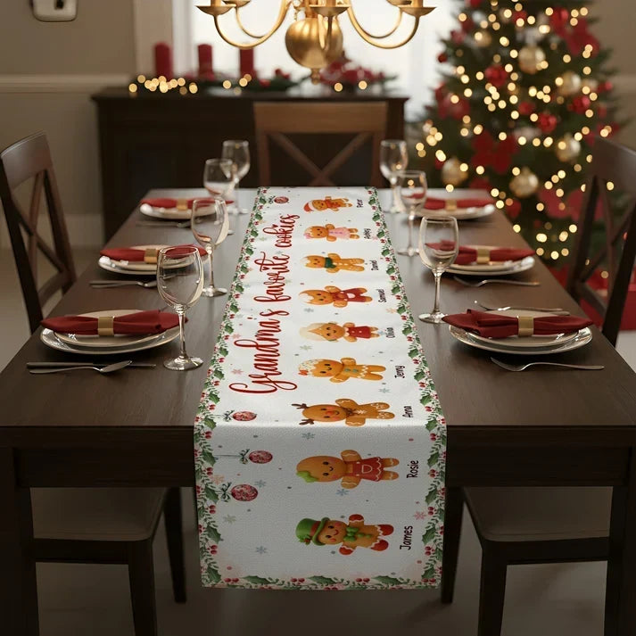 Personalized Gingerbread Family Table Runner Christmas Gift for Grandma