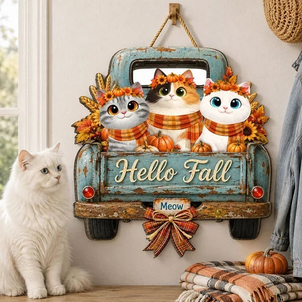 Personalized Wooden Cat Sign with Teal Truck | Rustic Fall Decor Gift