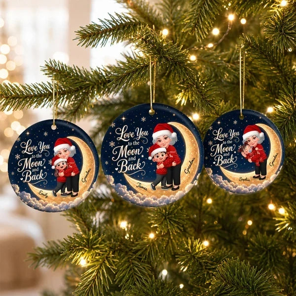 Personalized Ceramic Christmas Ornament for Grandma & Granddaughter - Navy Gold Moon Gift