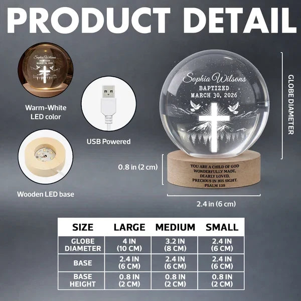 Personalized Globe Lamp with Cross & Doves Gift for Child, Nursery Decor