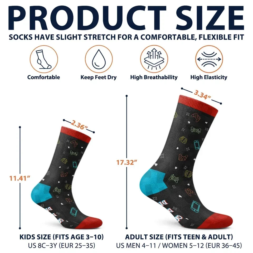 Personalized Gamer Crew Socks Custom Cartoon Quote Gift