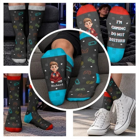 Personalized Gamer Crew Socks Custom Cartoon Quote Gift