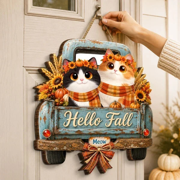 Personalized Wooden Cat Sign with Teal Truck | Rustic Fall Decor Gift