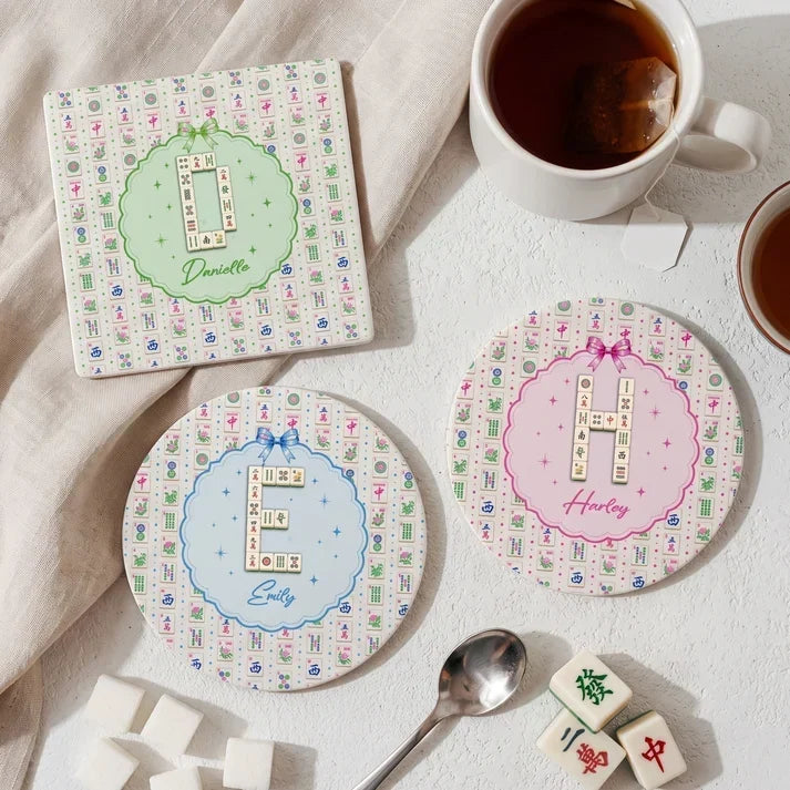 Personalized Round Ceramic Coaster Mahjong Gift for Game Night