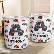Load image into Gallery viewer, Personalized Round Storage Basket with Monster Trucks for Kids
