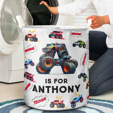 Load image into Gallery viewer, Personalized Round Storage Basket with Monster Trucks for Kids
