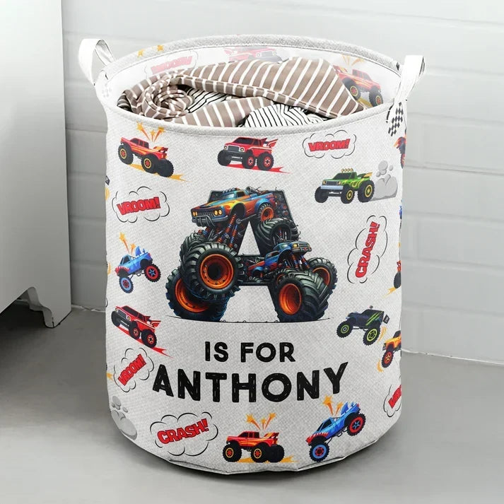 Personalized Round Storage Basket with Monster Trucks for Kids