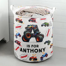 Load image into Gallery viewer, Personalized Round Storage Basket with Monster Trucks for Kids
