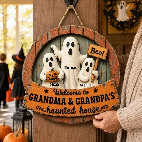 Personalized Wooden Halloween Sign with Ghosts & Pumpkin Gift for Grandma and Grandpa