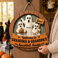 Load image into Gallery viewer, Personalized Wooden Halloween Sign with Ghosts &amp; Pumpkin Gift for Grandma and Grandpa
