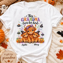 Load image into Gallery viewer, Personalized Halloween Sweatshirt for Grandma with Cows &amp; Spiders
