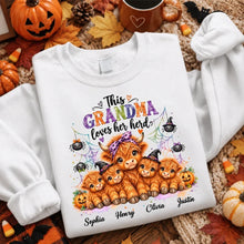 Load image into Gallery viewer, Personalized Halloween Sweatshirt for Grandma with Cows &amp; Spiders
