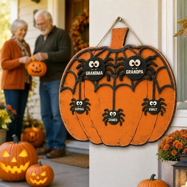 Personalized Wooden Halloween Sign for Grandma with Spiders