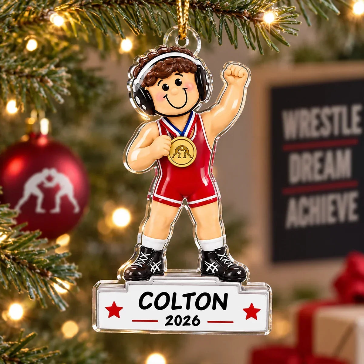 Personalized Acrylic Christmas Ornament for Son - Cartoon Wrestling Champion Gift