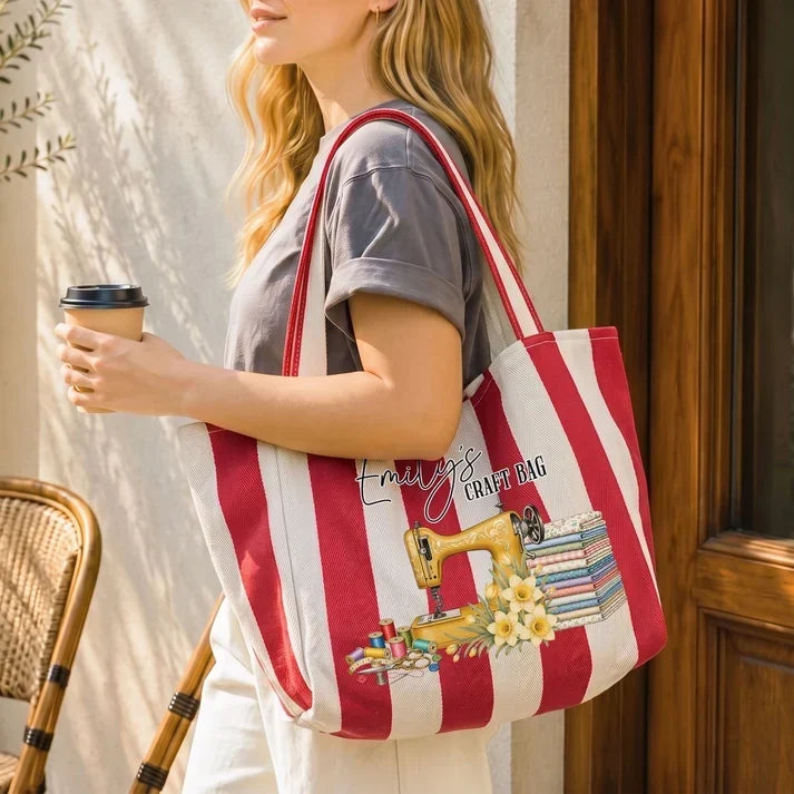 Personalized Striped Canvas Tote Bag for Sewing Lovers Gift