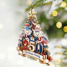 Load image into Gallery viewer, Personalized Snowman Family Ornament Custom Names Patriotic Gift
