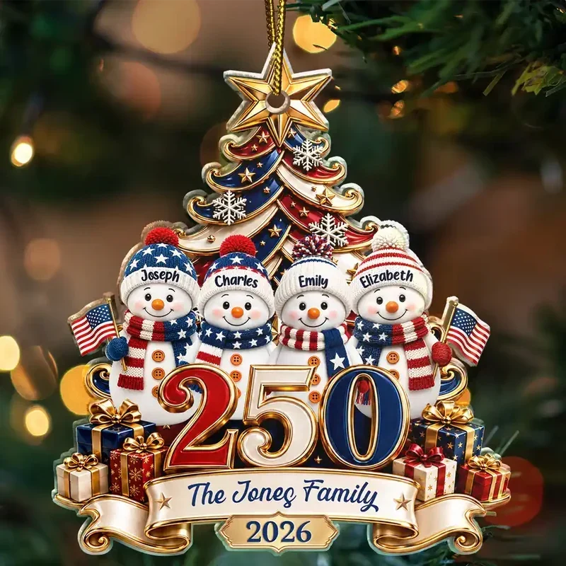 Personalized Snowman Family Ornament Custom Names Patriotic Gift
