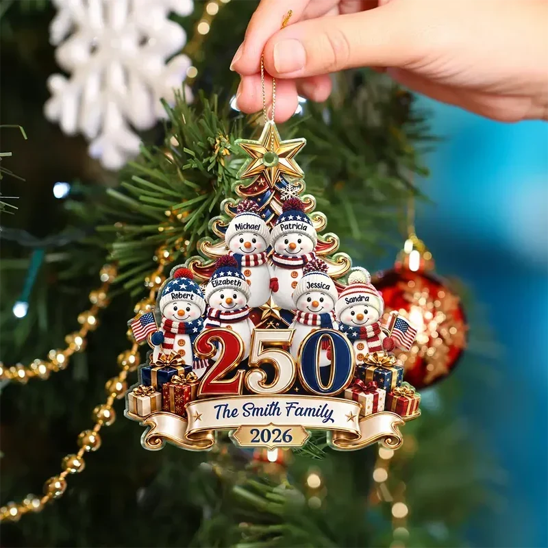 Personalized Snowman Family Ornament Custom Names Patriotic Gift