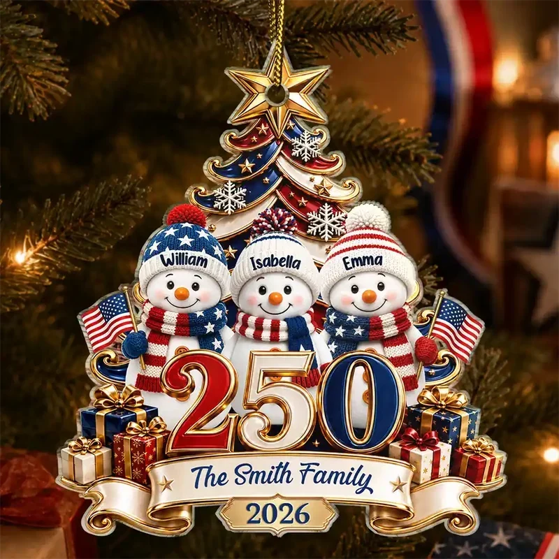Personalized Snowman Family Ornament Custom Names Patriotic Gift