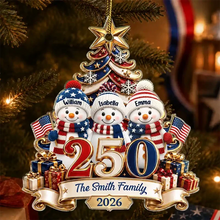 Load image into Gallery viewer, Personalized Snowman Family Ornament Custom Names Patriotic Gift

