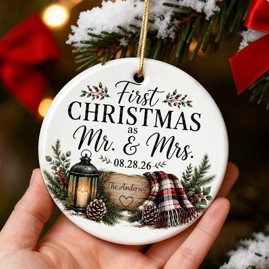 Personalized Ceramic Ornament First Christmas as Mr & Mrs Couple Gift