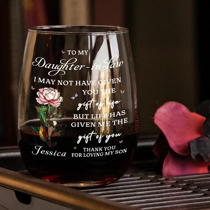 Personalized Wine Glass with Floral Quote Gift for Daughter-in-Law