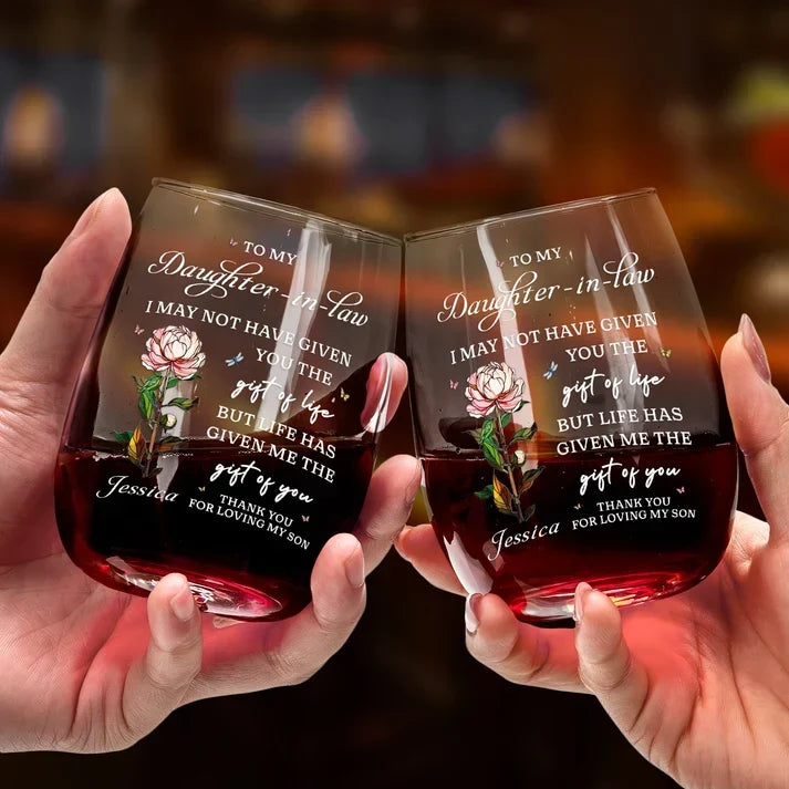 Personalized Wine Glass with Floral Quote Gift for Daughter-in-Law
