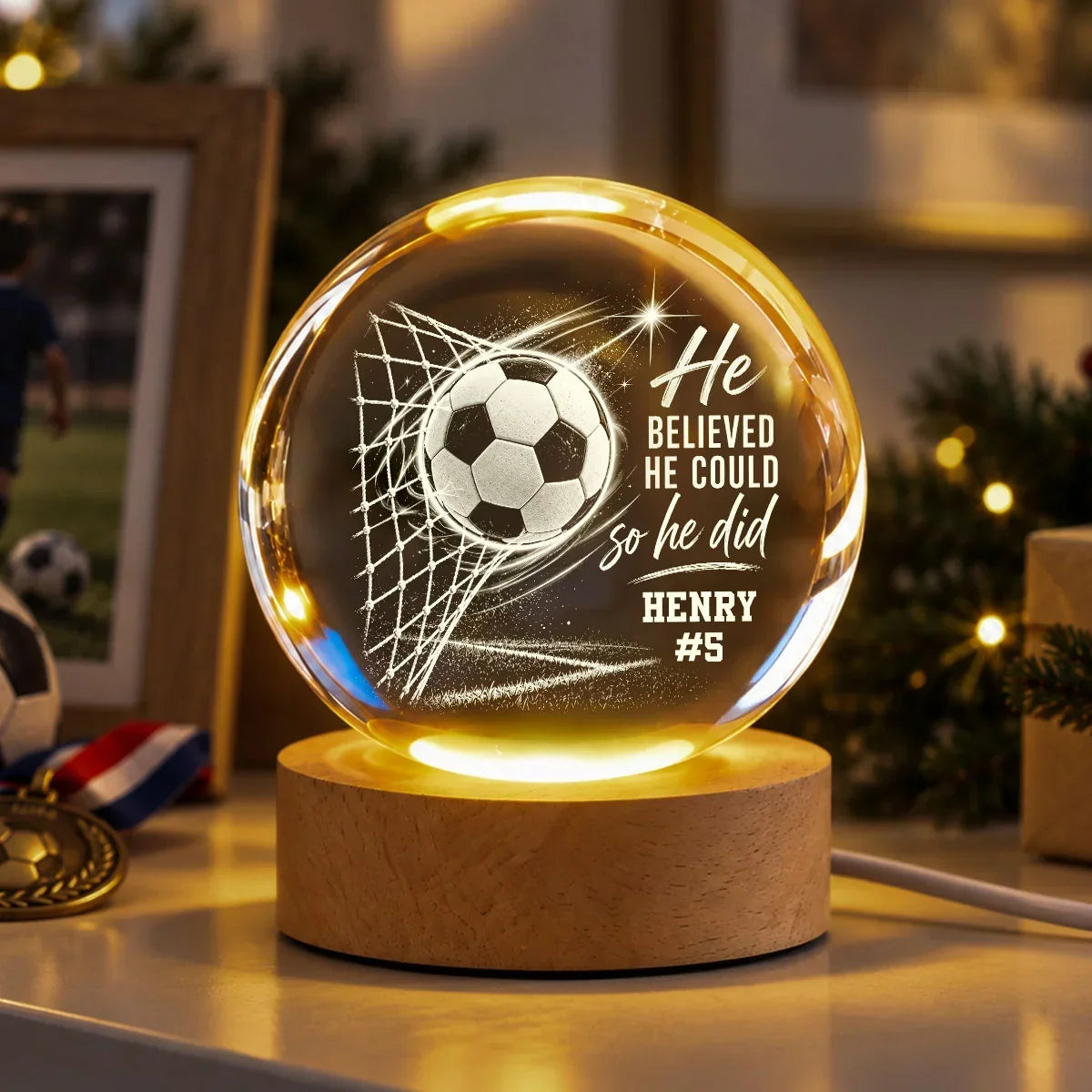 Personalized Globe Lamp with Soccer Ball Motivational Quote Gift for Soccer Player