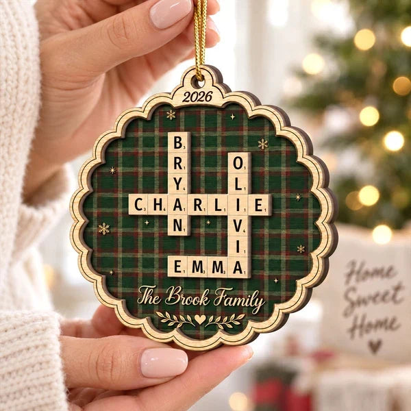 Personalized 2-Layer Wooden Ornament Family Crossword Gift for Grandparents