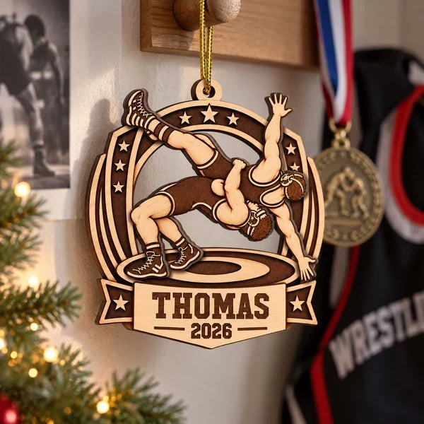 Personalized Wooden Wrestling Ornament Unique Gift for Son
